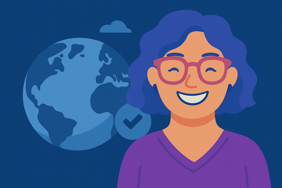 Stylized globe with a smiling, gender-neutral person with purple hair