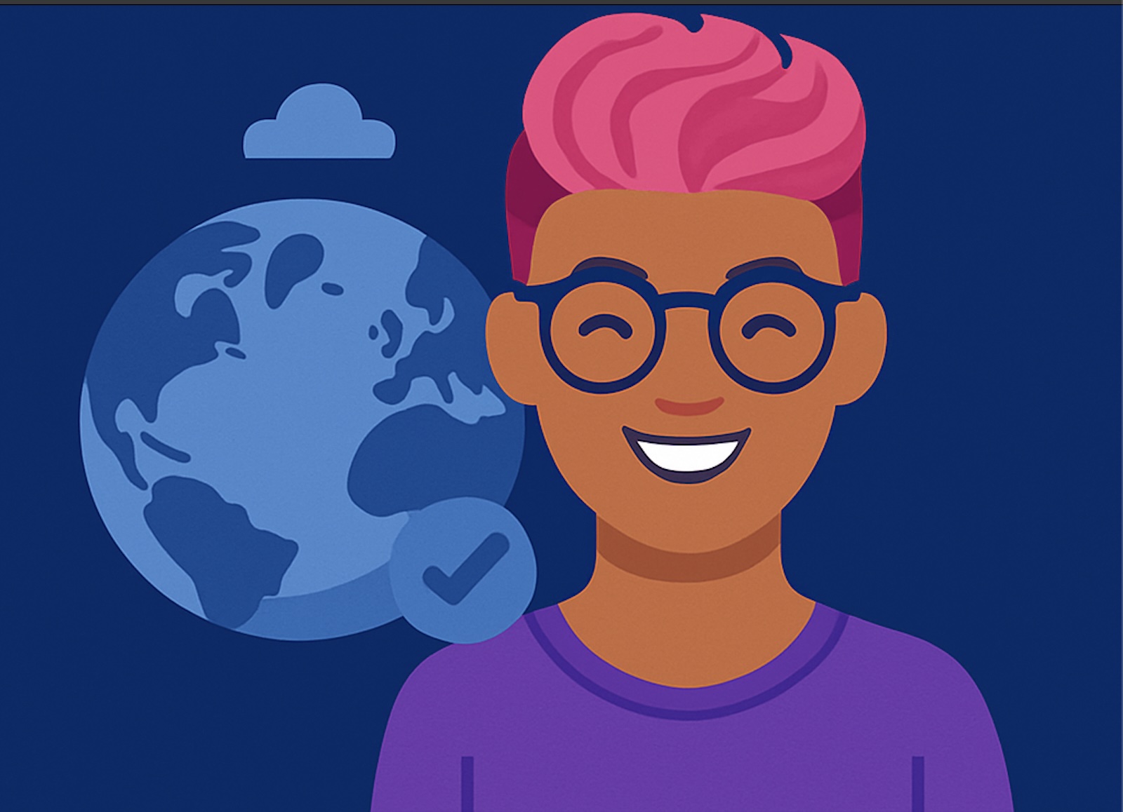 Illustration of a person with pink hair and glasses representing Tier 3 accessibility membership.